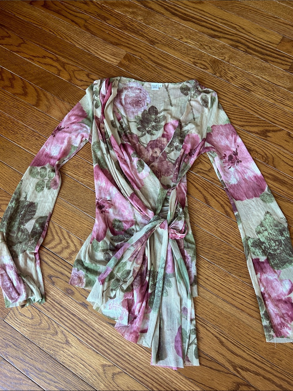 Sweet Pea Pink and Green Floral Wrap Blouse